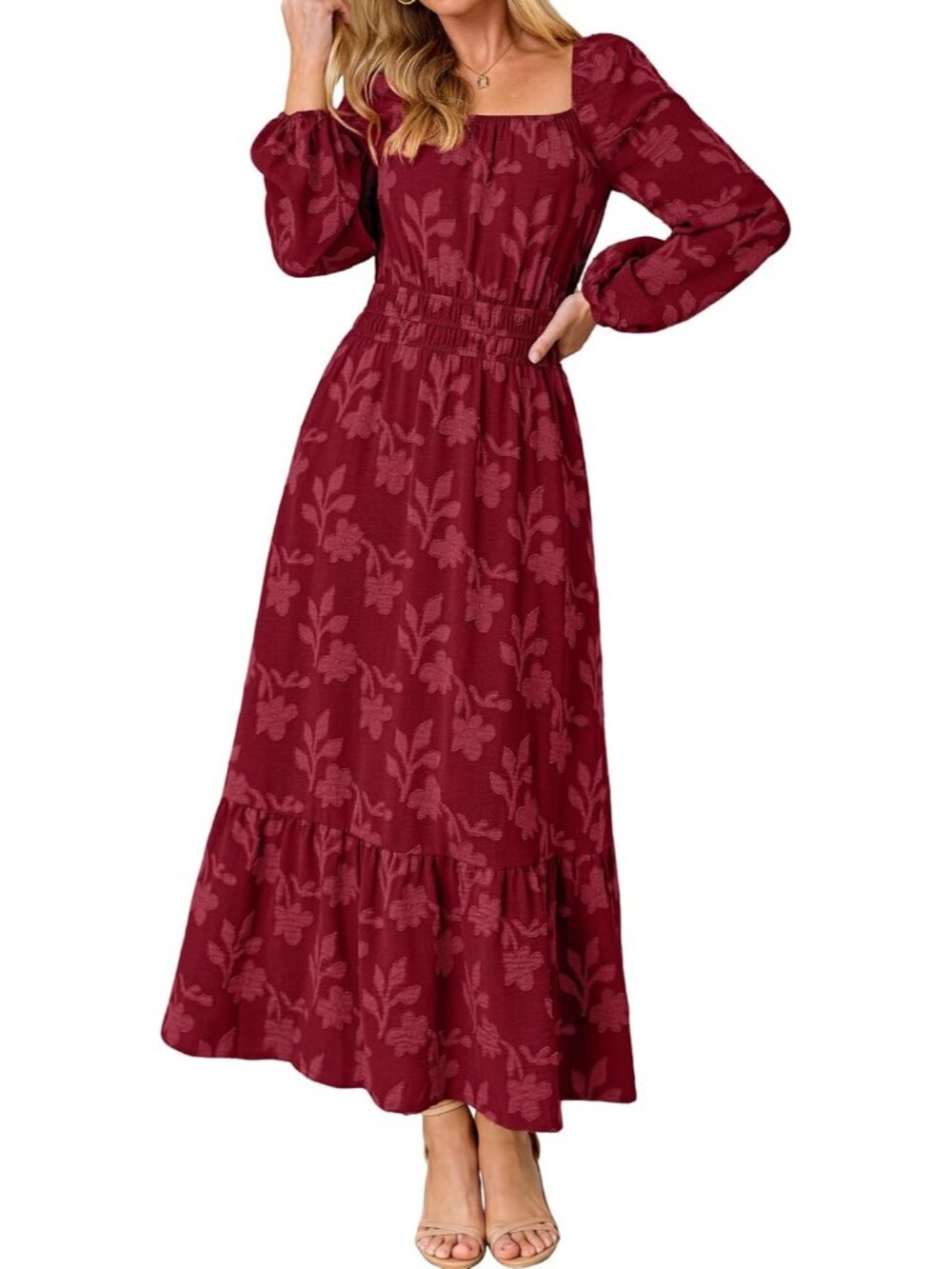 🆕 Women's Burgundy Long Sleeve Square Neck High Waist Boho Casual Maxi Dress